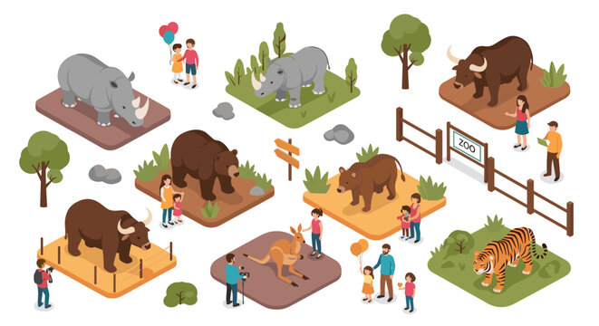 Isometric zoo collection with wild animals including rhinoceros bear tiger and kangaroo being observed by families.