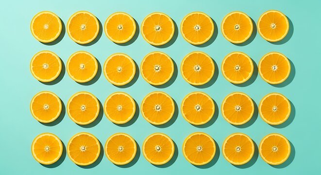Vibrant orange fruit slices arranged neatly on a teal surface with citrous patterns