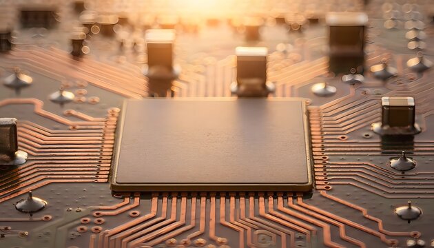 Macro photography of computer motherboard microchip surface transformed into miniature technical hardware landscape lit by golden warm sunset light glow