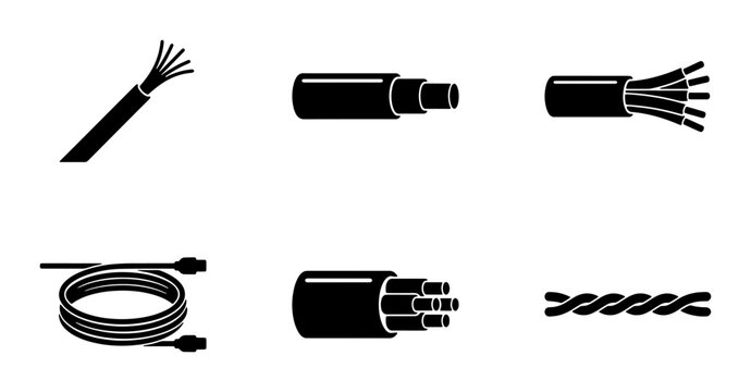 Set of 6 Black Wire and Cable Icons, Electrical Cord and Fiber Optic Symbols, Technology and Connectivity Vector Graphics
