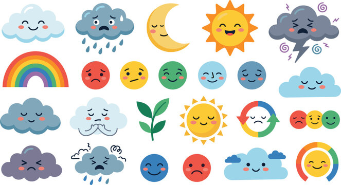 Cute weather emoji and mental emotion vector icon set with smiling sun, rainy clouds, colorful rainbow, crescent moon and expressive feeling faces
