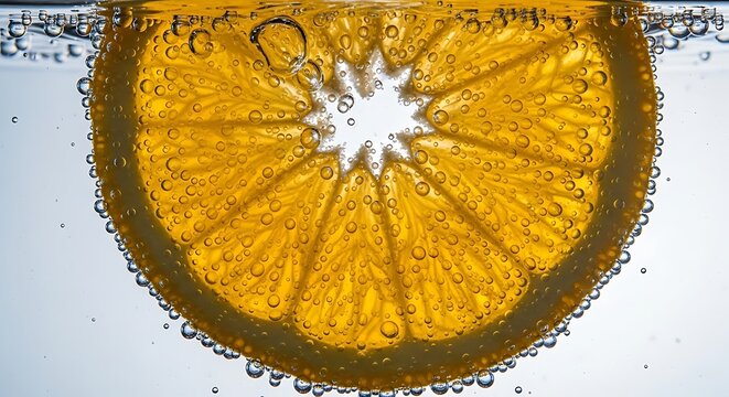 Close-up view of a juicy orange citrous fruit slice underwater with bubbles