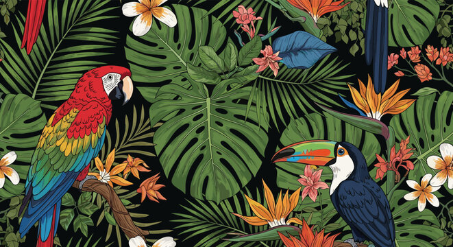 Vibrant tropical seamless pattern showcasing colorful parrots toucans and exotic flowers amidst lush green jungle leaves.
