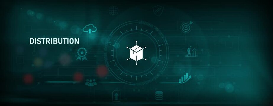 Logistics manager hand holding distribution interface on digital screen, supply chain management, product delivery system. Motion graphics of logistic concept