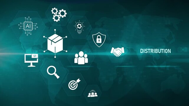 Logistics manager hand holding distribution interface on digital screen, supply chain management, product delivery system. Motion graphics of logistic concept