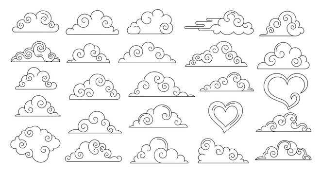 Collection of decorative cloud outlines in various shapes and patterns including heart motifs for creative designs.