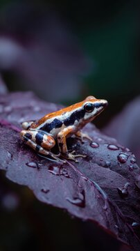 Vibrant striped frog perched on a deep purple leaf covered with glistening raindrops in a lush natural habitat with soft dark background lighting