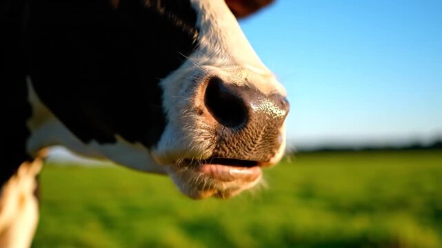 Extreme macro close-up of a domestic cow's textured muzzle and wet nose, highlighting the detailed skin patterns, fine whiskers, and nostrils of the bovine in a natural environment.