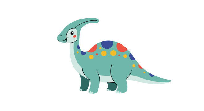 Adorable blue parasaurolophus dinosaur character with colorful spots and a friendly face for kids book or nursery wall art.