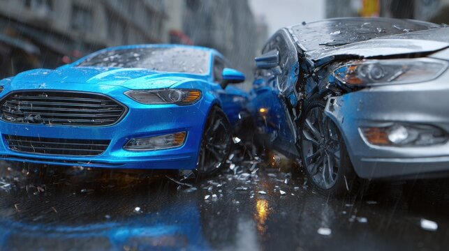 Two modern sedans collide on a rainy urban street with shattered glass and wet pavement reflecting city lights during an intense weather condition