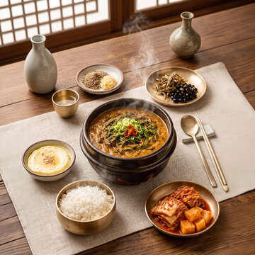 Traditional Korean loach soup (chueotang) set meal with side dishes and rice on a wooden table