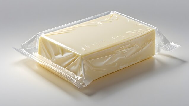 Ultra Realistic 1 Kg Butter Block in Transparent Vacuum Sealed Packaging on White Background