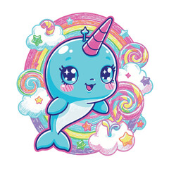 Cute cartoon narwhal character with a unicorn horn surrounded by rainbows and candy. © wahyukikoo