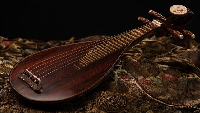 An exquisite rosewood pipa resting on brocade fabric, polished wood.