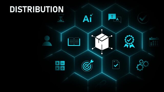 Logistics manager hand holding distribution interface on digital screen, supply chain management, product delivery system. Motion graphics of logistic concept