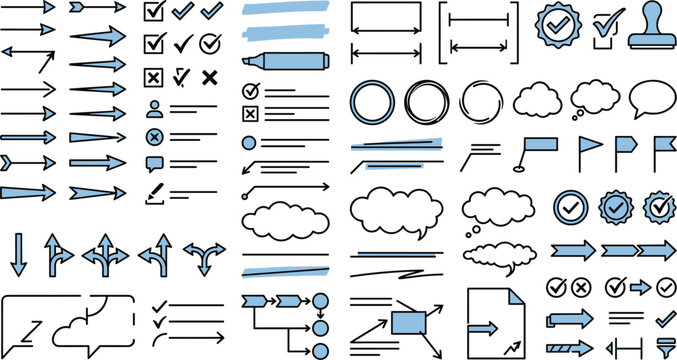 Hand drawn blueprint doodle arrows and highlight marker borders vector collection for document editing proofreading check marks and project workflow diagrams (21 words)