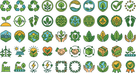Ecology and green renewable energy vector badge set featuring recycling signs solar panels wind turbines global conservation and eco friendly labels (21 words) © Sukhi