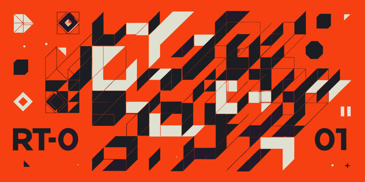 Isometric block pattern with geometric shapes and orange background