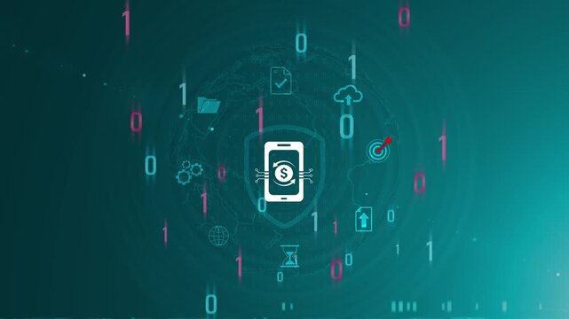 Digital payments interface with networking data, online transactions, mobile payment system, fintech solutions and secure payment. Motion graphics of money transfer concept