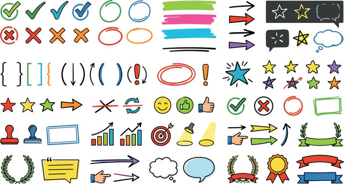 Hand drawn doodle arrows check marks stars and highlighting lines vector collection for correction school education business presentation and infographics design (21 words)