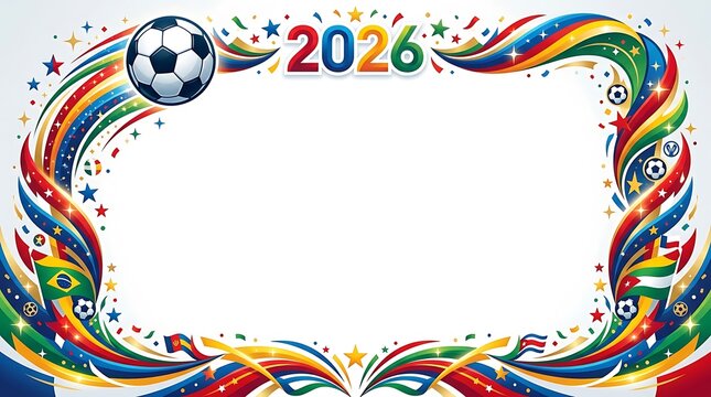 Soccer world championship 2026 frame, colorful football tournament border with national flags, festive sports celebration background with soccer ball