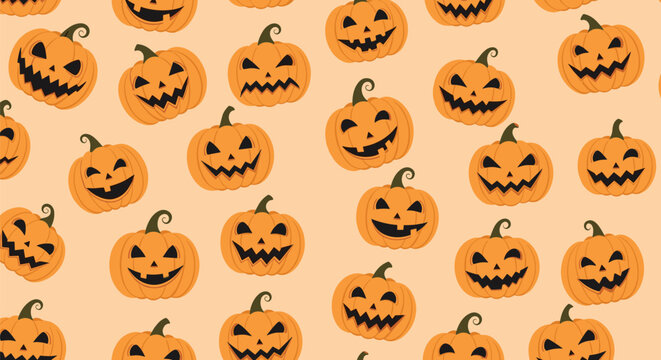 Spooky seamless pattern of orange carved Halloween jack-o-lanterns with various expressions on a light peach background.