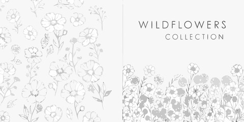 Obraz premium Wildflower collection delicate gray vector illustration with botanical elements