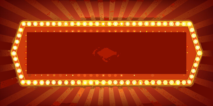 Rectangular marquee sign frame with illuminated yellow bulbs and radial background