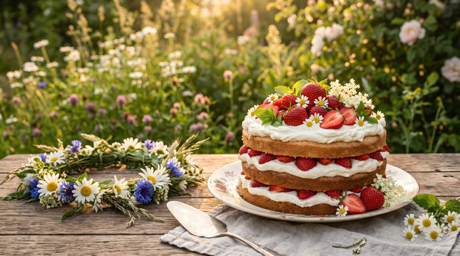 Swedish midsummer strawberry cream cake on rustic wooden table in garden