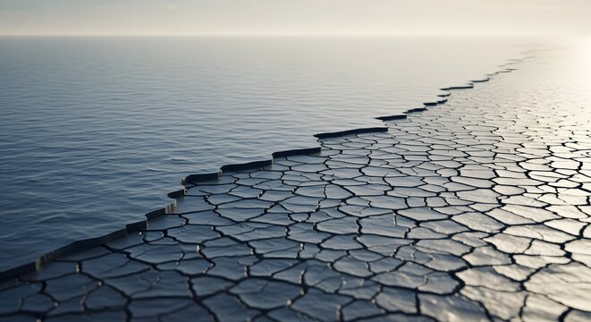 Conceptual surreal landscape featuring a sharp division between deep calm blue water and a highly detailed dry cracked desert earth surface