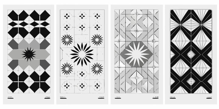 Geometric quilt patterns in black and white vintage textile designs