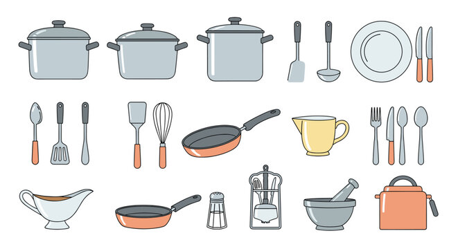 Extensive collection of kitchen tools and cookware items includes pots, pans, and various utensils in a simple style.