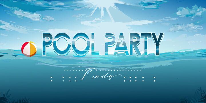 Pool Party Typography With Sky And Water Background Vector Illustration