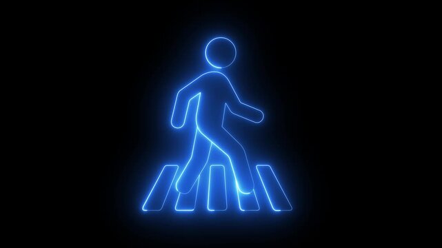 glowing neon zebra crosswalk icon isolated on black background. Person walking cross the road. Human safety sidewalk pictogram, road safety street crossing concept. 4k video animation.