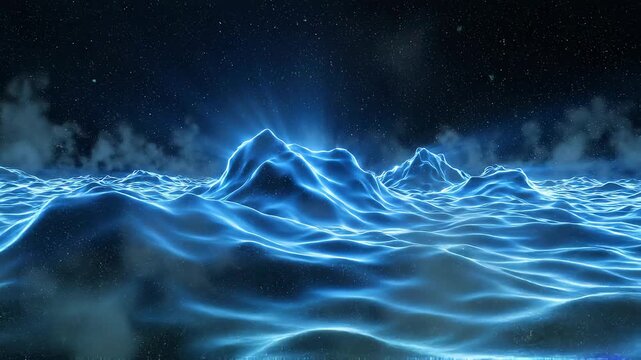 Abstract Digital Landscape with Glowing Mountains and Fog.