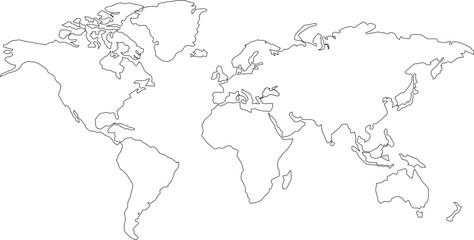 Fototapeta premium World map outline vector on white background featuring continents and landmasses in clean line art. Ideal for geography, travel, education, cartography, infographics and global design.