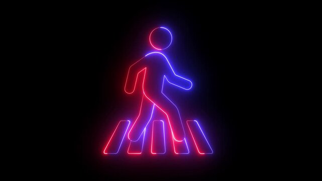 glowing neon zebra crosswalk icon isolated on black background. Person walking cross the road. Human safety sidewalk pictogram, road safety street crossing concept. 4k video animation.