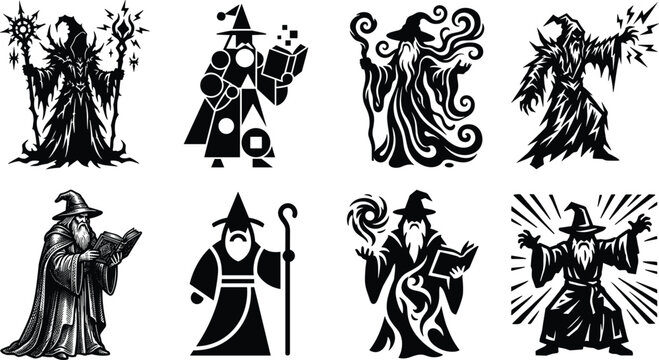 Wizard and sorcerer black vector illustration icon set showcasing diverse design styles for fantasy graphics isolated on white background