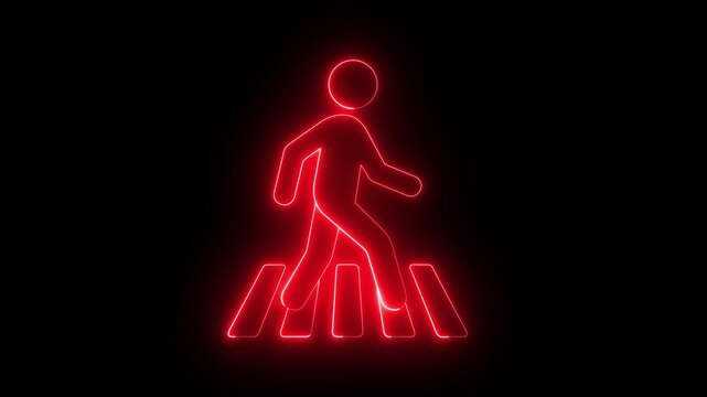 glowing neon zebra crosswalk icon isolated on black background. Person walking cross the road. Human safety sidewalk pictogram, road safety street crossing concept. 4k video animation.