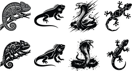 Set of reptile and amphibian vector silhouettes featuring chameleon iguana cobra snake and gecko lizard icons isolated on white background © Saminur