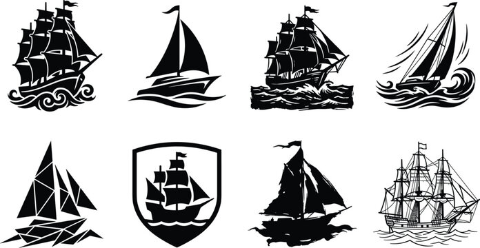 PrintSet of sailing ship and yacht vector silhouettes icons and emblems for marine nautical logos isolated on white background