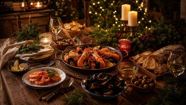 Spanische Weihnachtstafel mit Paella und Meeresfr&uuml;chten
Reich gedeckter Festtagstisch mit Paella, Garnelen, Muscheln, Oliven, Brot und Kerzen in mediterraner Weihnachtsatmosph&auml;re.