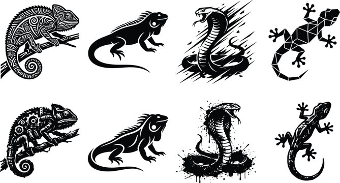 Set of reptile and amphibian vector silhouettes featuring chameleon iguana cobra snake and gecko lizard icons isolated on white background