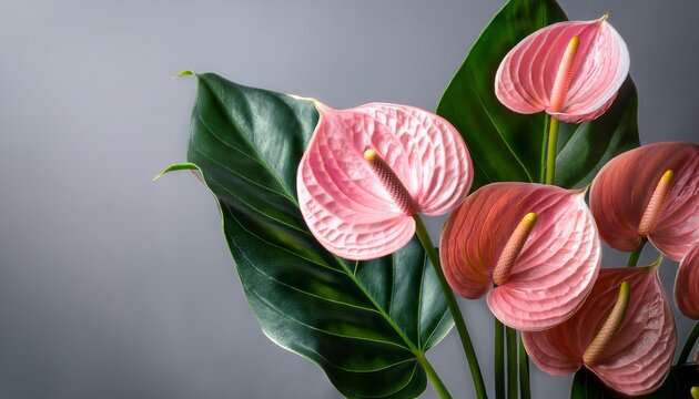 vibrant pink anthurium flowers with lush green leaves on gray background