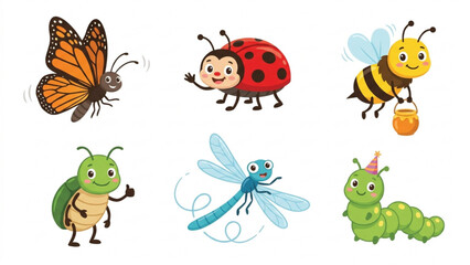 Naklejka premium Cute Cartoon Insects Vector Set – Butterfly, Ladybug, Bee & More
