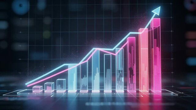 Futuristic holographic business chart with glowing pink and blue bars and rising arrows for data analysis