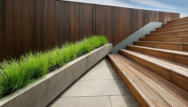 a modern outdoor staircase with wooden steps and a concrete planter with green grass