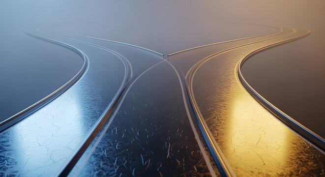 Conceptual representation of a transparent glass road splitting into multiple directions under atmospheric lighting perfect for choice and decision concepts