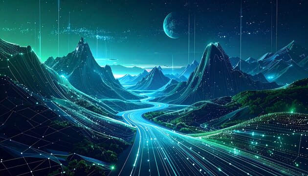 Futuristic landscape showing glowing lines across mountains & a river, with a planet in the night sky