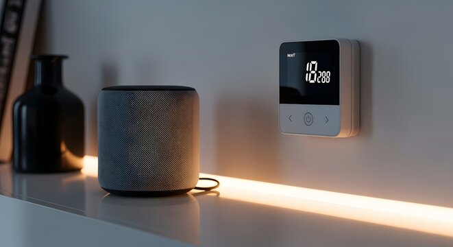 Modern smart home interface device showing temperature controls installed on a clean wall next to a sleek wireless speaker unit backdrop
